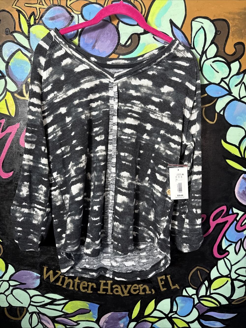 Westbound Knit Black and White Watercolor Plaid 3/4 Bell Top, Size Small